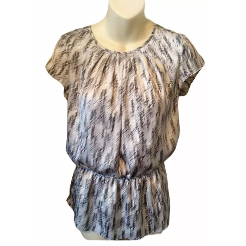 Ann Taylor Loose Fit Stretch Waist Blouse Top Xsmall Gray/ Black Printed peplum